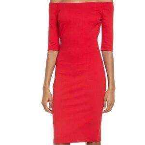 Lulu's Red Bodycon Midi Dress 3/4 Sleeve Crew Neck